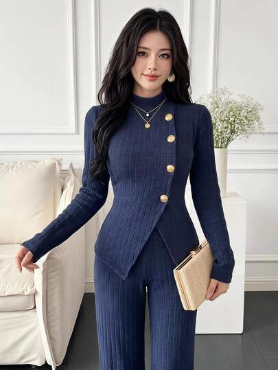 Feyla Women's Spring/Autumn Elegant Office Commute Solid Color Metal Button Open Front Slim Fit Top And Pants 2 Pieces Set