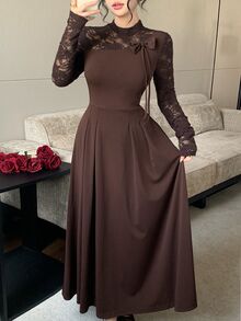 Feyla Women's Contrast Lace Bow Decor Long Sleeve Elegant Dress - Brown - View 3