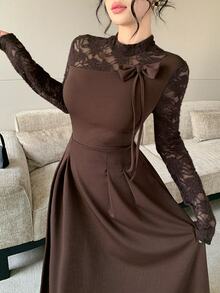 Feyla Women's Contrast Lace Bow Decor Long Sleeve Elegant Dress - Brown - View 4