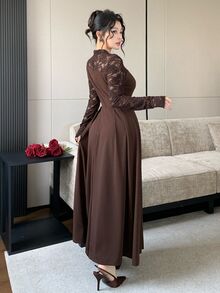 Feyla Women's Contrast Lace Bow Decor Long Sleeve Elegant Dress - Brown - View 2