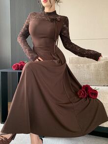 Feyla Women's Contrast Lace Bow Decor Long Sleeve Elegant Dress - Brown - View 6