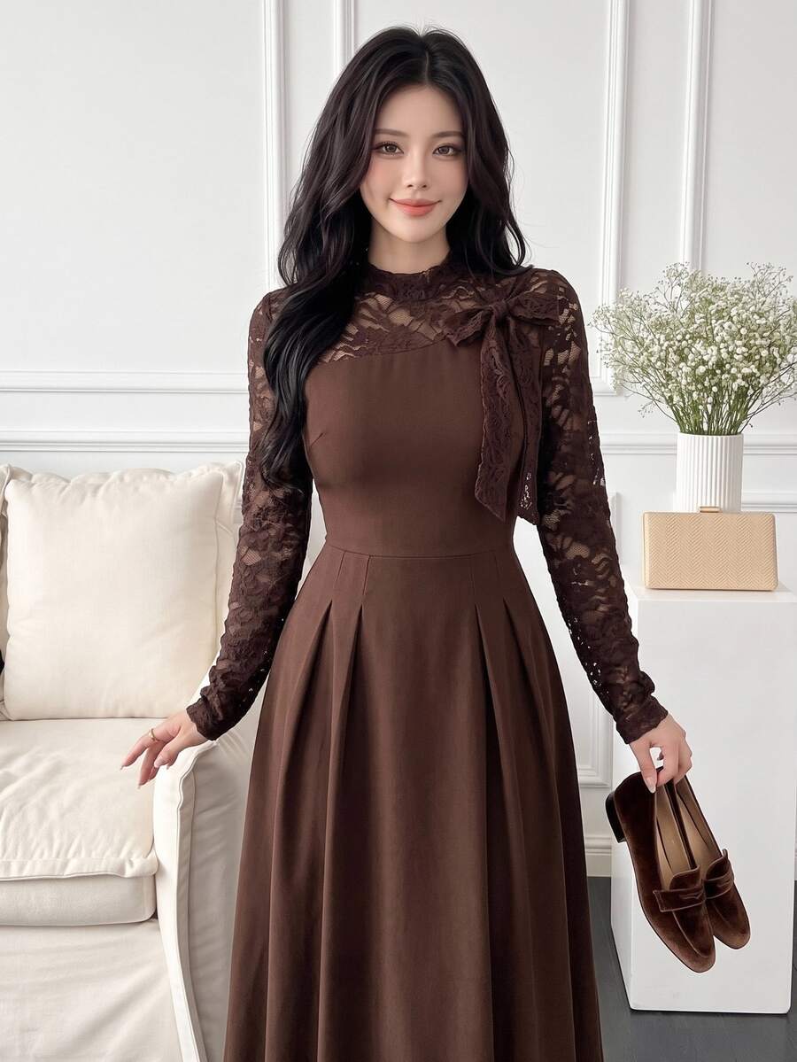 Feyla Women's Contrast Lace Bow Decor Long Sleeve Elegant Dress - Brown - View 1