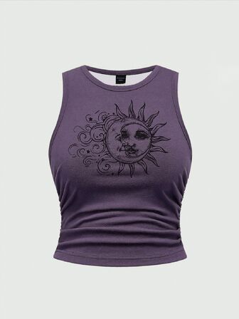 Camiseta sin mangas de talla grande con diseño gótico oscuro hippie de sol, luna y estrellas