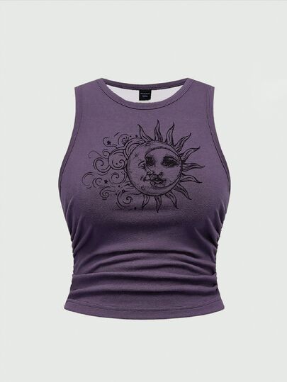 Dark Gothic Hippie Sun Moon Stars Sleeveless Plus Size Tank Top