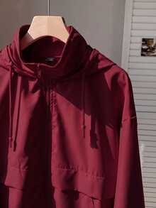 SHEIN EZwear 酒紅色休閒大尺碼女款長袖拉鍊連帽外套 秋季 - 酒紅色 - 查看 3
