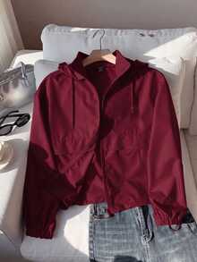 SHEIN EZwear 酒紅色休閒大尺碼女款長袖拉鍊連帽外套 秋季 - 酒紅色 - 查看 1