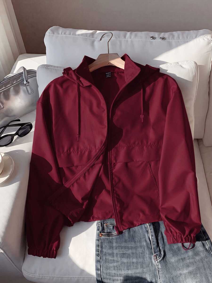 SHEIN EZwear 酒紅色休閒大尺碼女款長袖拉鍊連帽外套 秋季 - 酒紅色 - 查看 1