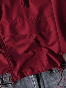SHEIN EZwear 酒紅色休閒大尺碼女款長袖拉鍊連帽外套 秋季 - 酒紅色 - 查看 5