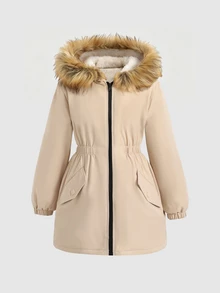 SHEIN 少女休閒淺卡其色保暖內裡連帽派克夾克，秋冬返校穿搭 - 杏色 - 查看 3