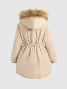 SHEIN 少女休閒淺卡其色保暖內裡連帽派克夾克，秋冬返校穿搭 - 杏色 - 查看 5