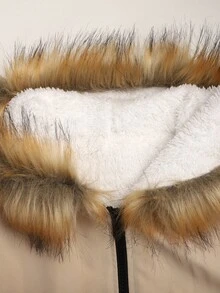 SHEIN 少女休閒淺卡其色保暖內裡連帽派克夾克，秋冬返校穿搭 - 杏色 - 查看 7