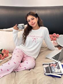 2pcs Girls Teenager 4-Piece Set Loungewear Long Sleeve Top With Cut-Out Print Full Digital Print Long Pants In Milk Silk Fabric Comfortable Homewear - White - View 9