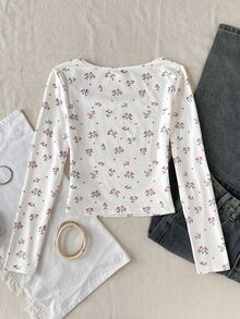 SHEIN Tween女孩秋冬休閒粉白條紋紋理方領修身長袖T恤童裝 - 粉色 - 查看 4