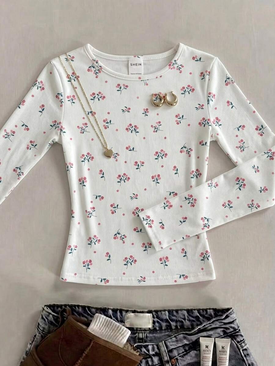 SHEIN Tween女孩秋冬休閒粉白條紋紋理方領修身長袖T恤童裝 - 粉色 - 查看 1