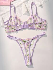 PetitDoll مجموعة ملابس داخلية نسائية رومانسية بطراز رعوي مع تطريز زهري ملون، حمالة صدر بسلك مطرزة وسروال داخلي 2 قطعة - ارجواني فاتح - مشاهدة 2