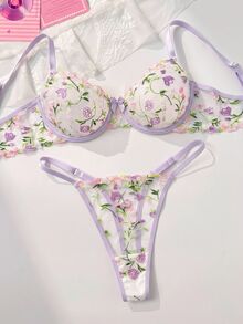 PetitDoll مجموعة ملابس داخلية نسائية رومانسية بطراز رعوي مع تطريز زهري ملون، حمالة صدر بسلك مطرزة وسروال داخلي 2 قطعة - ارجواني فاتح - مشاهدة 1