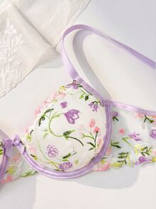 PetitDoll مجموعة ملابس داخلية نسائية رومانسية بطراز رعوي مع تطريز زهري ملون، حمالة صدر بسلك مطرزة وسروال داخلي 2 قطعة - ارجواني فاتح - مشاهدة 3