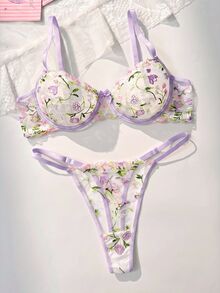 PetitDoll مجموعة ملابس داخلية نسائية رومانسية بطراز رعوي مع تطريز زهري ملون، حمالة صدر بسلك مطرزة وسروال داخلي 2 قطعة - ارجواني فاتح - مشاهدة 4