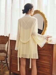 Côtesoire French Vintage Elegant Comfortable Sexy Mesh Lace Patchwork Robe And Cowl Neck Jacquard Ribbed Knit Cami Slip Dress Women's Sleepwear Set - Yellow - View 4