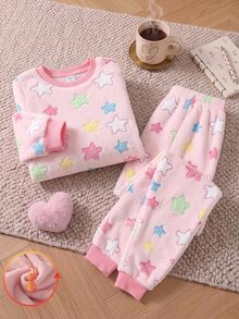 SHEIN 女童 2 件套 毛絨柔軟長袖套頭上衣與彈性長褲 秋冬款 - 粉色 - 查看 1