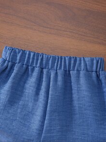 SHEIN Genkimix Kids 小男孩夏季休閒日常通勤字母印花短袖襯衫與鬆緊腰短褲套裝 白色 - 藍色 - 查看 8