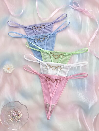 Eraneu Ribbed Heart Button Hollow Out Women's Panties, Sweet & Cute Women's Panties 5-Piece Set, Soft & Comfortable Fabric, 5 Colors Available, Suitable For Various Occasions