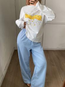 DAZY 100% Cotton Happy Puppy Print Loose Long Sleeve T-Shirt & Straight Leg Striped Long Pajama Pants 2pcs Set Women's Loungewear - Blue - View 6