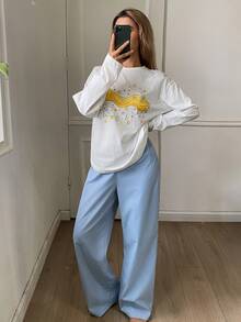 DAZY 100% Cotton Happy Puppy Print Loose Long Sleeve T-Shirt & Straight Leg Striped Long Pajama Pants 2pcs Set Women's Loungewear - Blue - View 9