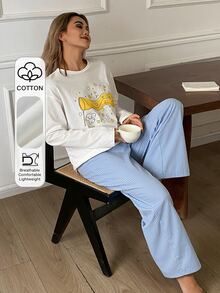 DAZY 100% Cotton Happy Puppy Print Loose Long Sleeve T-Shirt & Straight Leg Striped Long Pajama Pants 2pcs Set Women's Loungewear - Blue - View 3