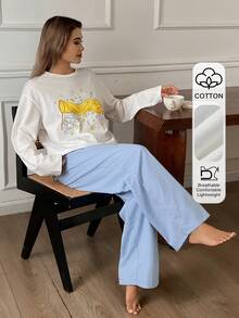 DAZY 100% Cotton Happy Puppy Print Loose Long Sleeve T-Shirt & Straight Leg Striped Long Pajama Pants 2pcs Set Women's Loungewear - Blue - View 4