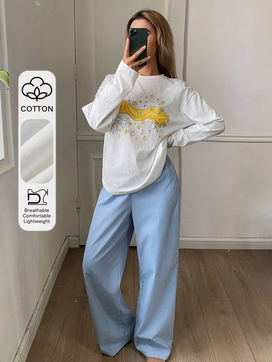 DAZY 100% Cotton Happy Puppy Print Loose Long Sleeve T-Shirt & Straight Leg Striped Long Pajama Pants 2pcs Set Women's Loungewear - Blue - View 1
