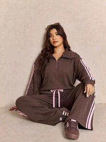 Elaquor Plus Size Women's Side Stripe Zipper Design Sweatshirt And Wide Leg Pants Casual Daily Going Out 2 Pieces Set For Women Fall/Winter Casual Work Sets - Coffee Brown - View 5