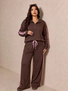 Elaquor Plus Size Women's Side Stripe Zipper Design Sweatshirt And Wide Leg Pants Casual Daily Going Out 2 Pieces Set For Women Fall/Winter Casual Work Sets - Coffee Brown - View 9