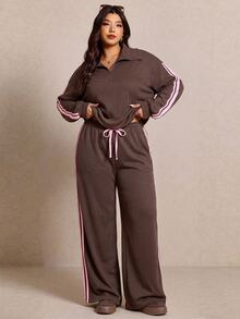Elaquor Plus Size Women's Side Stripe Zipper Design Sweatshirt And Wide Leg Pants Casual Daily Going Out 2 Pieces Set For Women Fall/Winter Casual Work Sets - Coffee Brown - View 4