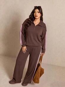 Elaquor Plus Size Women's Side Stripe Zipper Design Sweatshirt And Wide Leg Pants Casual Daily Going Out 2 Pieces Set For Women Fall/Winter Casual Work Sets - Coffee Brown - View 6