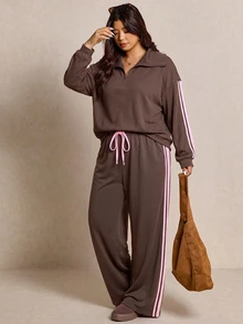 Elaquor Plus Size Women's Side Stripe Zipper Design Sweatshirt And Wide Leg Pants Casual Daily Going Out 2 Pieces Set For Women Fall/Winter Casual Work Sets - Coffee Brown - View 2