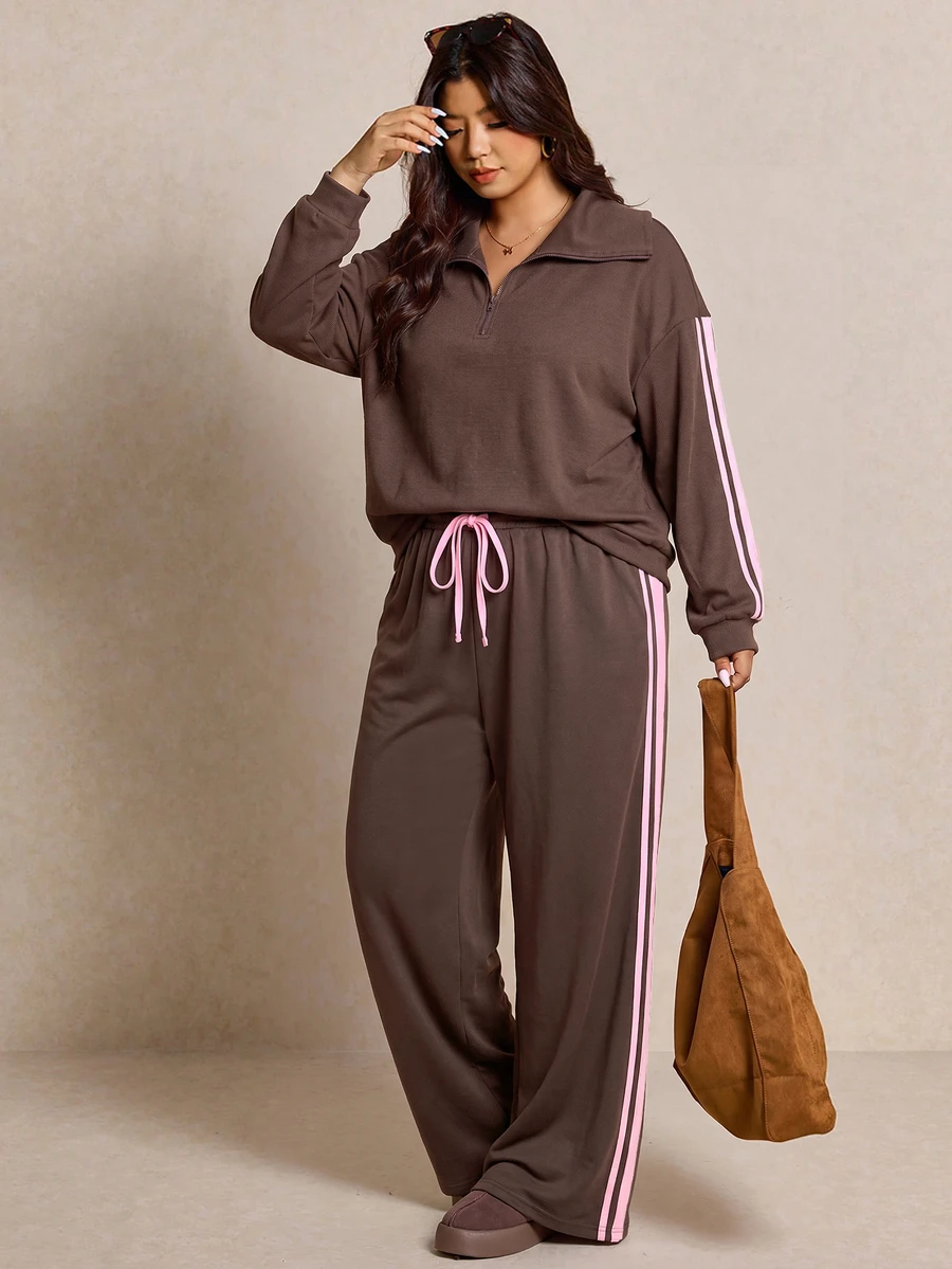 Elaquor Plus Size Women's Side Stripe Zipper Design Sweatshirt And Wide Leg Pants Casual Daily Going Out 2 Pieces Set For Women Fall/Winter Casual Work Sets