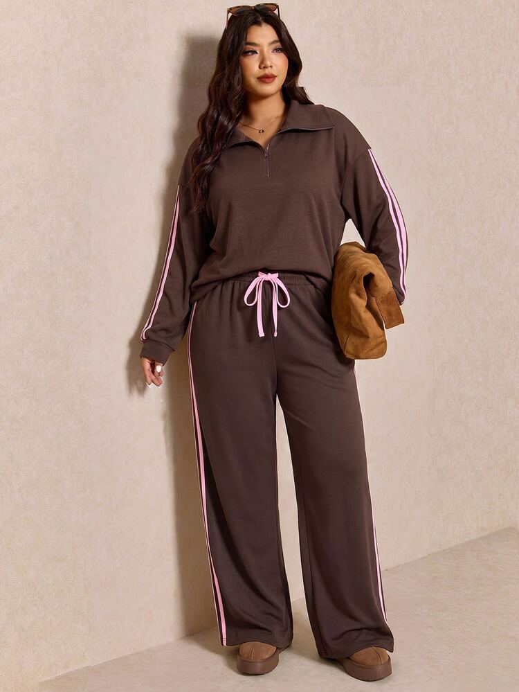 Elaquor Plus Size Women's Side Stripe Zipper Design Sweatshirt And Wide Leg Pants Casual Daily Going Out 2 Pieces Set, Fall/Winter, Thanksgiving, New Year - Coffee Brown - View 6