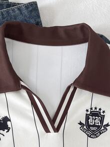 SHEIN 青少年女孩拼色幾何圖案全印花長袖POLO領抽褶腰部T恤童裝 - 黃色 - 查看 5