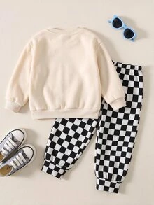 Young Boy Cartoon Pattern Kids Knitted Soft Crew Neck Long Sleeve Pullover Sweatshirt & Checkerboard Pants 2 Pieces Set, Versatile And Comfortable - Multicolor - View 2