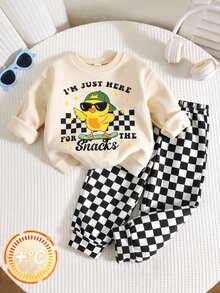 Young Boy Cartoon Pattern Kids Knitted Soft Crew Neck Long Sleeve Pullover Sweatshirt & Checkerboard Pants 2 Pieces Set, Versatile And Comfortable - Multicolor - View 3