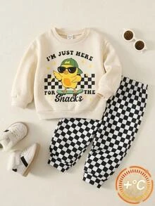 Young Boy Cartoon Pattern Kids Knitted Soft Crew Neck Long Sleeve Pullover Sweatshirt & Checkerboard Pants 2 Pieces Set, Versatile And Comfortable - Multicolor - View 1