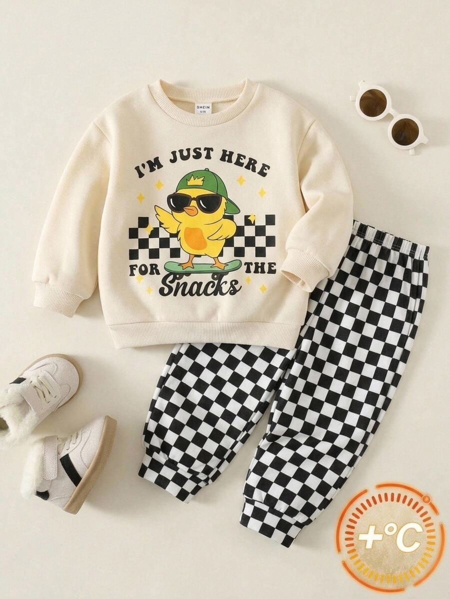 Young Boy Cartoon Pattern Kids Knitted Soft Crew Neck Long Sleeve Pullover Sweatshirt & Checkerboard Pants 2 Pieces Set, Versatile And Comfortable - Multicolor - View 1