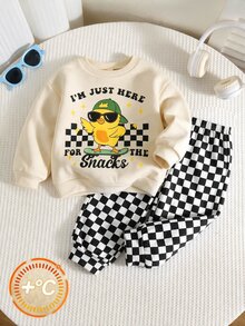 Young Boy Cartoon Pattern Kids Knitted Soft Crew Neck Long Sleeve Pullover Sweatshirt & Checkerboard Pants 2 Pieces Set, Versatile And Comfortable - Multicolor - View 7