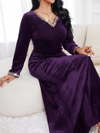 Al Najma Plus Size Women's V-Neck Colorblock Casual Party Arabian Dress