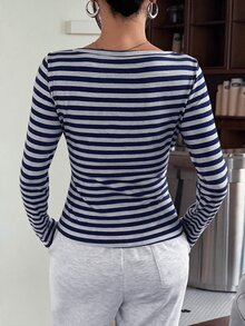 SHEIN EZwear Women's New Casual Cotton-Feel Navy Blue & Grey Striped Half-Button Long Hem T-Shirt, Autumn/Winter - Navy Blue - View 2