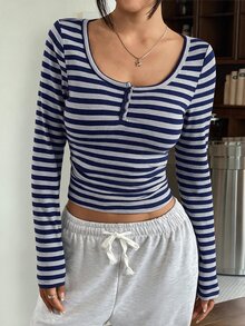 SHEIN EZwear Women's New Casual Cotton-Feel Navy Blue & Grey Striped Half-Button Long Hem T-Shirt, Autumn/Winter - Navy Blue - View 6