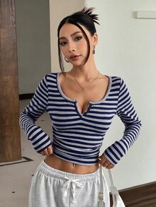SHEIN EZwear Women's New Casual Cotton-Feel Navy Blue & Grey Striped Half-Button Long Hem T-Shirt, Autumn/Winter - Navy Blue - View 4