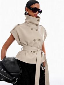 LYSMO Damen Trenchcoat-Jacke mit Stehkragen, kurzen Ärmeln, Knopfdekor und Taillenband, vielseitig einsetzbar - Aprikosenfarben - Übersicht 1
