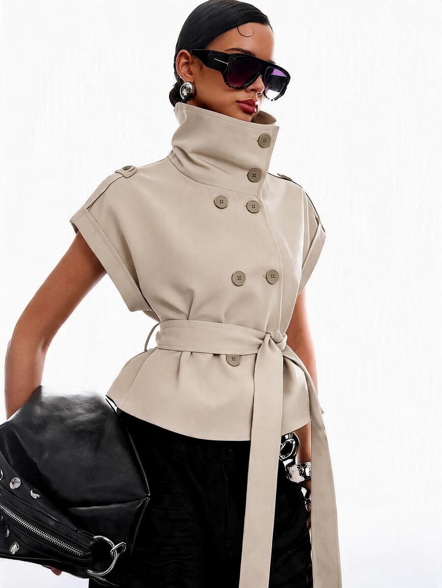 LYSMO Damen Trenchcoat-Jacke mit Stehkragen, kurzen Ärmeln, Knopfdekor und Taillenband, vielseitig einsetzbar - Aprikosenfarben - Übersicht 1
